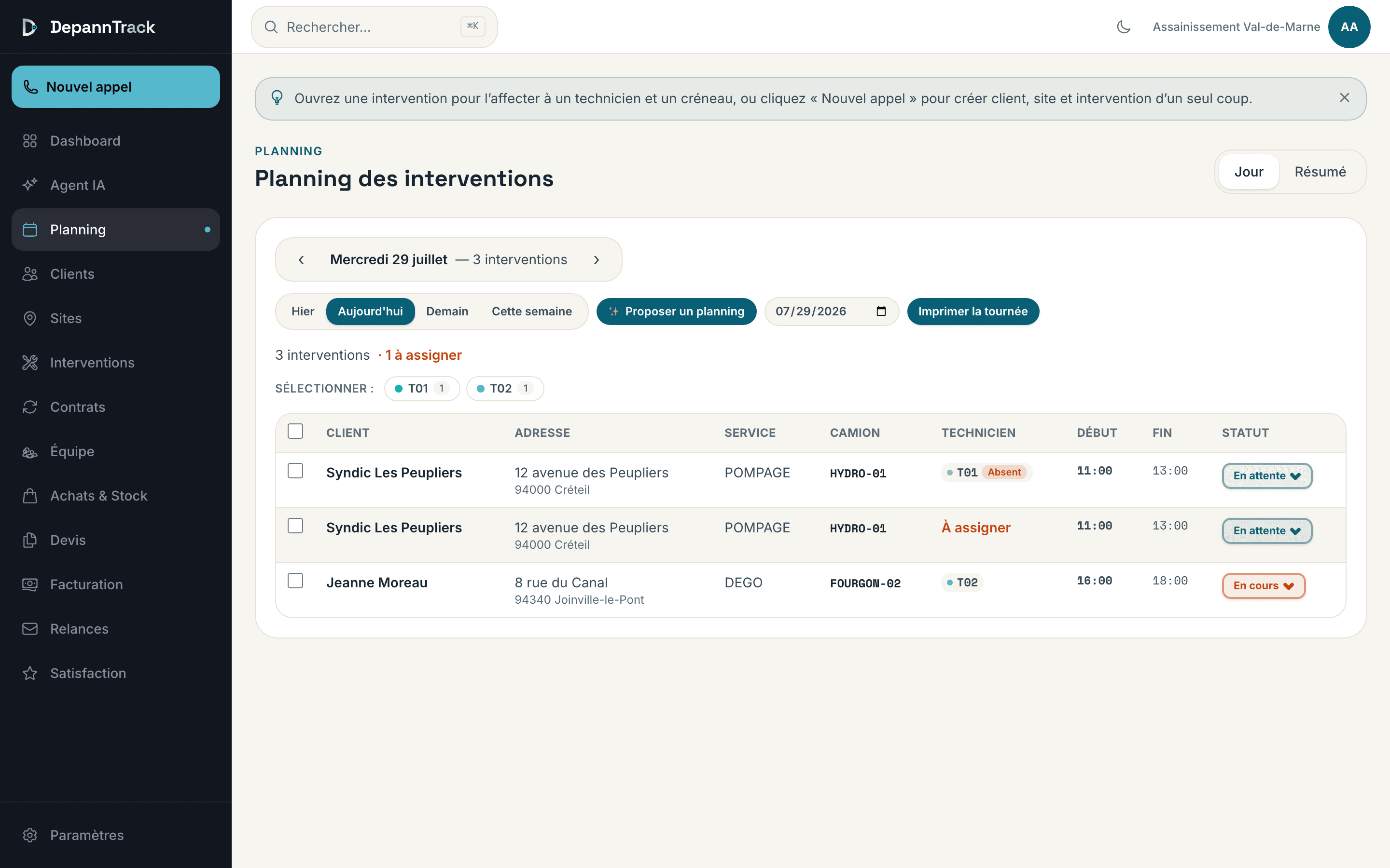 Planning du jour DepannTrack : tournées par technicien, statuts en un coup d'œil